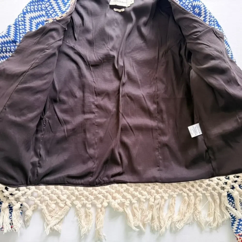 Tularosa Revolve Sante Fe Tapestry Jacket Fringe Diamondback Blue Cream Sz Small
